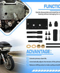Inner Cam Bearing Installer and Puller Tool for Harley Twin Cam Engines 1999-2017 with parts layout and motorcycle in background.