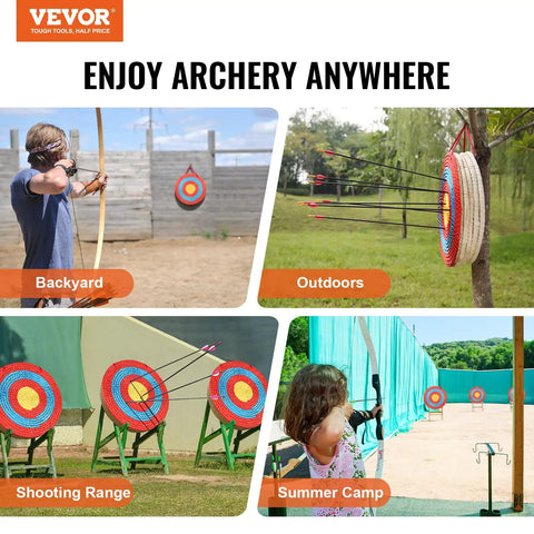 Portable 20 Inch Round Straw Archery Target, 4 Inch Thick, Lightweight Handmade Solid Straw Target displayed in various outdoor settings