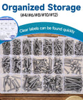 550 Piece Stainless Steel Wood Screw Kit with Self Tapping Phillips Pan Head Screws in 18 Sizes organized in box