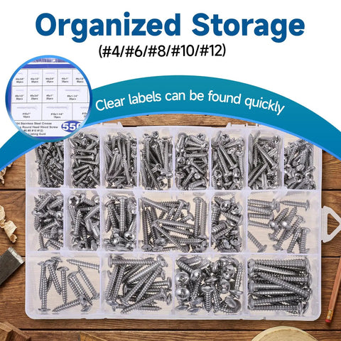 550 Piece Stainless Steel Wood Screw Kit with Self Tapping Phillips Pan Head Screws in 18 Sizes organized in box