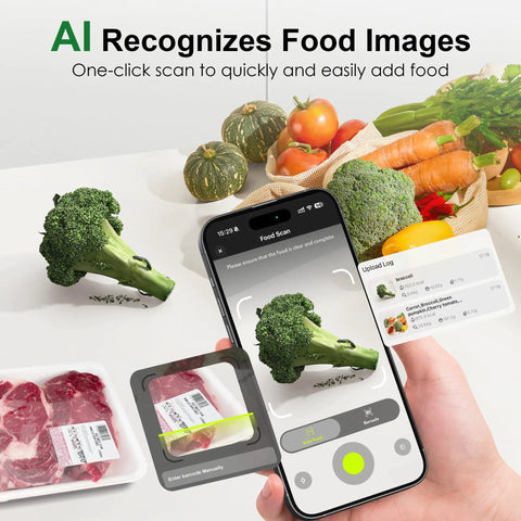 Smart Kitchen Scale With Nutritional Calculator And Macro Tracking App, Ai Food Recognition scanning broccoli and meat