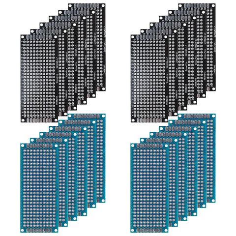 Double Sided PCB Board Prototype Kit 24 Pieces 3x7 cm Universal Printed Circuit Boards For DIY Soldering And Electronic Projects Two Color Black And Blue Random Color Mix, showing black and blue boards.