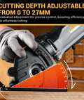 Close-up of Compact Electric Mini Circular Saw With Adjustable Depth Dial showing cutting depth adjustment from 0 to 27mm.