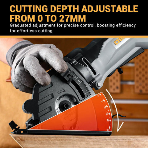 Close-up of Compact Electric Mini Circular Saw With Adjustable Depth Dial showing cutting depth adjustment from 0 to 27mm.