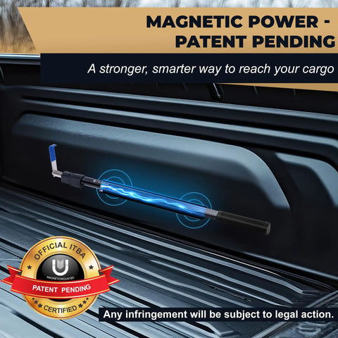 Magnetic Cargo Grabber Reach Tool 6.3 Ft Extendable For Pickup Trucks, Jet Black With 2 Hooks And Mounted Plate, Upgraded Multi-Use Truck Bed Accessory For Easy Retrieval And Hauling