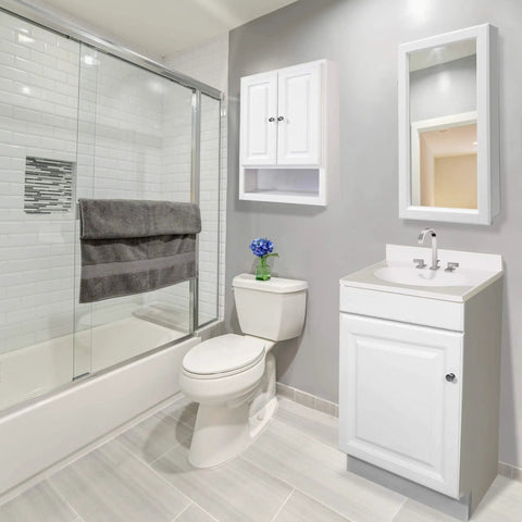 Modern bathroom with white vanity, mirror, and shower enclosure, featuring Karsen II Widespread Bathroom Faucet in Polished Chrome