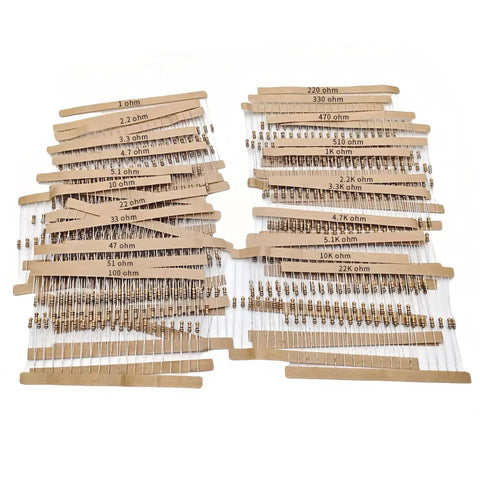 Assorted resistor array from Resistor Kit With Six Hundred Pieces Of One Quarter Watt Five Percent Carbon Film Resistors From One Ohm