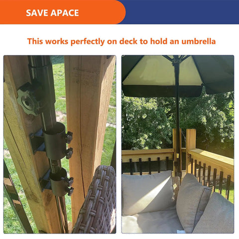 Heavy Duty Patio Umbrella Holder Clamp Mount For Deck Railings And Outdoor Spaces installed on wooden deck pole