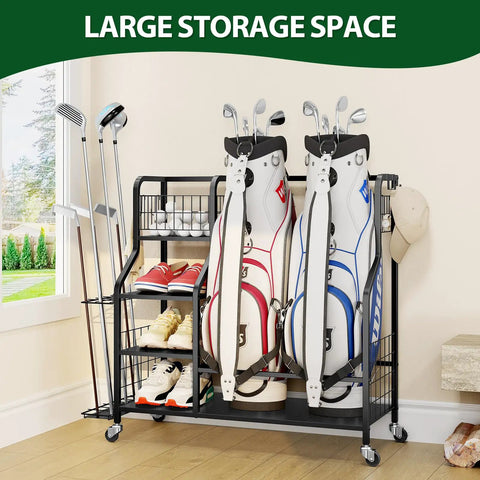 Heavy Duty Golf Storage Organizer For Garage With Lockable Wheels 3 Tier Shelves And Removable Hooks For Golf Bags Clubs Shoes