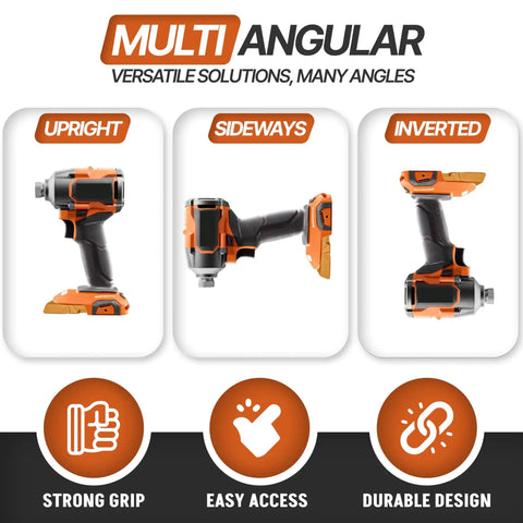 Cordless Tool Organizer Mounts Pack Of 3 For 18V To 20V RIDGID Tools showing upright, sideways, and inverted positions