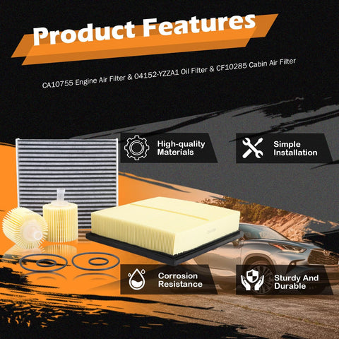 All In One Engine Air Filter Oil Filter And Cabin Air Filter Kit Fits 2012 2017 Toyota Camry Non Hybrid 2013 2018 Avalon 2011 2020 Sienna 2014 2019 Highlander And Lexus with features highlighted on packaging