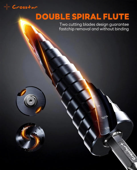 Cobalt TiAlN Step Drill Bit Set Three Pack With Double Spiral Flutes And Hex Shank One Eighth To Seven Eighths Inch For Metal