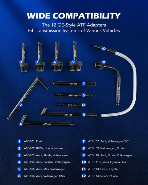 Top-down view of Orion Motor Tech 3L manual transmission fluid pump with 12 ATF adapters and tubing
