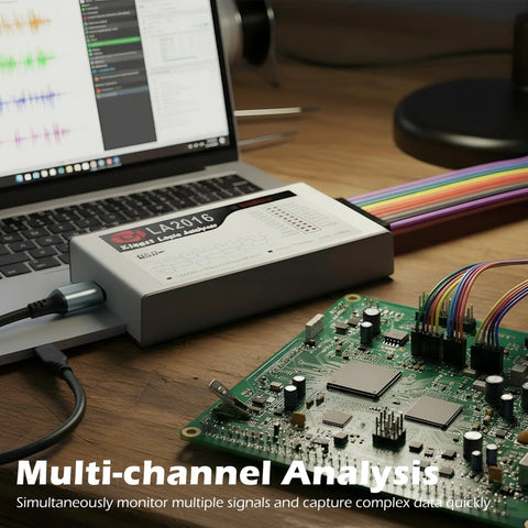 Usb Logic Analyzer With 16 Channels And 2 Pwm Channels 200MHz Sampling Rate Pc Software For Windows Mac Os And Linux Cross Platform Compatibility That Makes Debugging A Breeze, shown connected to a motherboard next to a laptop.