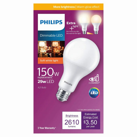 Box of Frosted LED A21 Bulbs With Flicker Free Dimming And Eye Comfort Technology For A Cozy Glow, 2610 Lumens, Pack Of 4