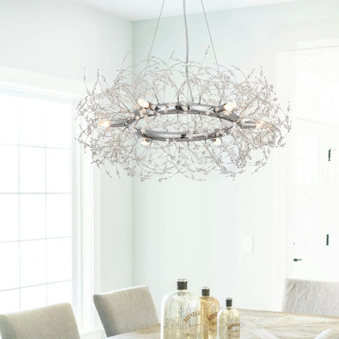 Modern Crystal Firework Chandelier Pendant Light In Chrome Silver Finish Round Hanging Fixture in dining room setting