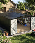 Heavy Duty 10 By 14 Ft Outdoor Metal Storage Shed With Waterproof Construction Lockable Double Hinged Door Reinforced Frame Sloped Roof And Vents in a backyard setting, doors open showing tools and lawn mower inside.