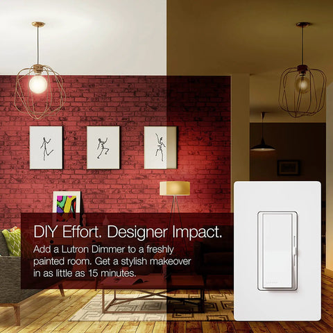 Diva Reverse-Phase Dimmer Switch For ELV And LED Lighting, 250W LED Or 500W ELV, Single Pole And 3-Way, 120V, Neutral Required, DVRP-253P-WH White Finish shown installed on a living room wall next to dim lighting.