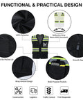 Heavy Duty Class Two Hi Vis Safety Vest Zip Front Five Pocket Tool Storage Unisex Workwear Ansi Isea Compliant Job Site Ready Reflective Gear Built Tough Black Three X Large Crew Approved with smooth zipper and velcro pocket.