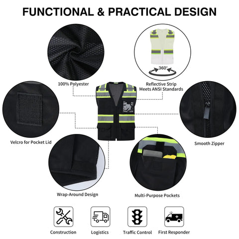 Heavy Duty Class Two Hi Vis Safety Vest Zip Front Five Pocket Tool Storage Unisex Workwear Ansi Isea Compliant Job Site Ready Reflective Gear Built Tough Black Three X Large Crew Approved with smooth zipper and velcro pocket.