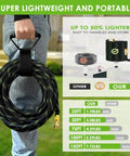 FlexiSolve 150 ft garden hose, black with green stripe, coiled with carrying strap and brass fittings