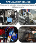 Application range for Beefy Silicone Vacuum Hose High Temp Automotive Vacuum Line Three Point Three Feet Long Twelve Millimeter Inner Diameter Three Point Five Millimeter Thick Black with various engine components.