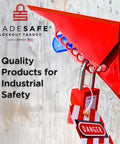 Red Ball Valve Lockout Device For 1 1/4 In To 2 1/2 In Pipe Diameters, tamper-proof with 7 lockout holes, installed on valve