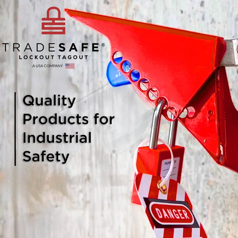 Red Ball Valve Lockout Device For 1 1/4 In To 2 1/2 In Pipe Diameters, tamper-proof with 7 lockout holes, installed on valve
