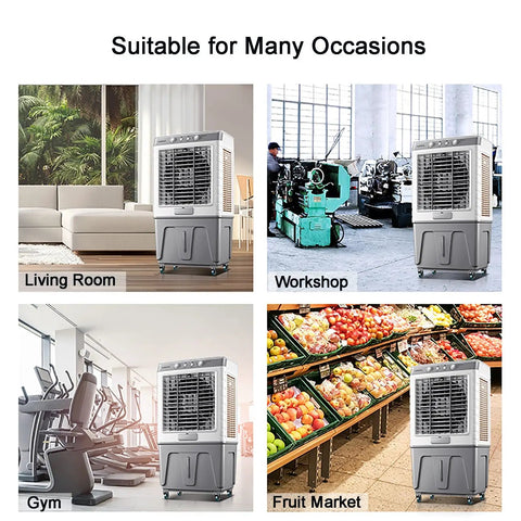 Heavy Duty Evaporative Air Cooler 8600 CFM Portable Swamp Cooler 80L Water Tank in living room, gym, workshop, and fruit market.