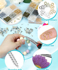 Crafting with 840 Pieces Small Screw Eye Pins for Jewelry Making and Beading, showcasing six colors of mini eyelet hooks in various sizes.