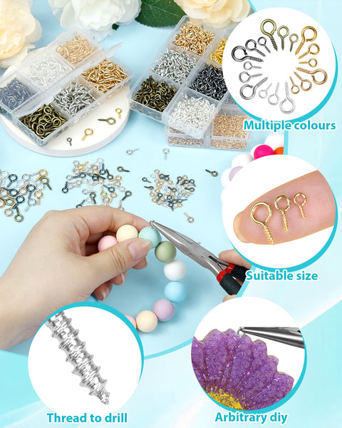Crafting with 840 Pieces Small Screw Eye Pins for Jewelry Making and Beading, showcasing six colors of mini eyelet hooks in various sizes.