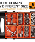Front view of orange 8-compartment organizer filled with 175 304 stainless steel hose clamps, 1/4in–2in worm-gear clamps.