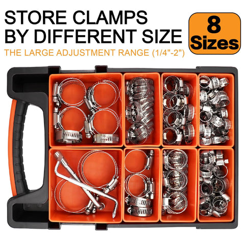 Front view of orange 8-compartment organizer filled with 175 304 stainless steel hose clamps, 1/4in–2in worm-gear clamps.
