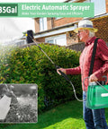 Person using Cordless 1.35 Gallon Battery Powered Sprayer For Lawn And Garden with self-priming pump, spraying bushes