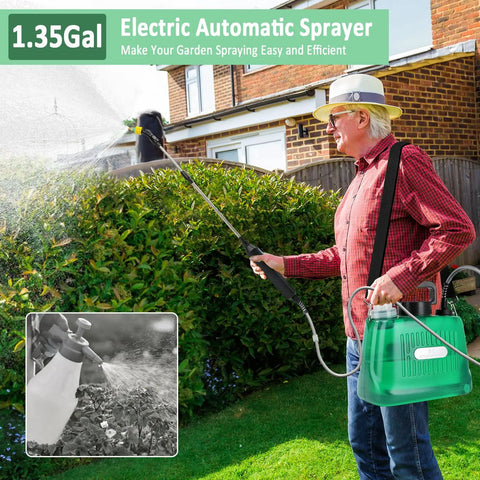Person using Cordless 1.35 Gallon Battery Powered Sprayer For Lawn And Garden with self-priming pump, spraying bushes