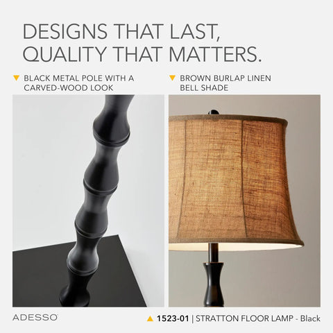 Black Floor Lamp With Brown Burlap Shade, 3 Way Dimming, 62 Inch Tall Standing Light for Bedroom, Living Room, or Home Office