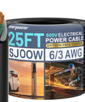 Hella Rugged 25Ft 6 3 SOOW Portable Power Cable 6 Awg 3 Conductor Extension Cord, oil resistant, used for outdoor and industrial applications.