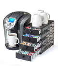 Black Satin 4 Tier Coffee Pod Drawer Organizer Compatible With K Cups Holds Up To 72 Pods next to coffee maker with mugs