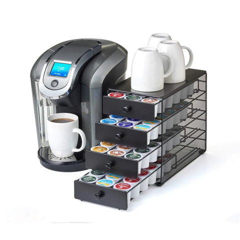 Black Satin 4 Tier Coffee Pod Drawer Organizer Compatible With K Cups Holds Up To 72 Pods next to coffee maker with mugs