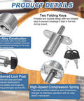 Built Tough Push Plunger Lock Keyed Alike Package With Snap In Screws And Protective Cap For Cabinets Drawers And Storage Cases 3 4 Inch Cylinder Diameter 1 4 Inch Projection No Hassle Silver Finish Pack Of Two showing zinc alloy lock, folding keys, and detailed features.