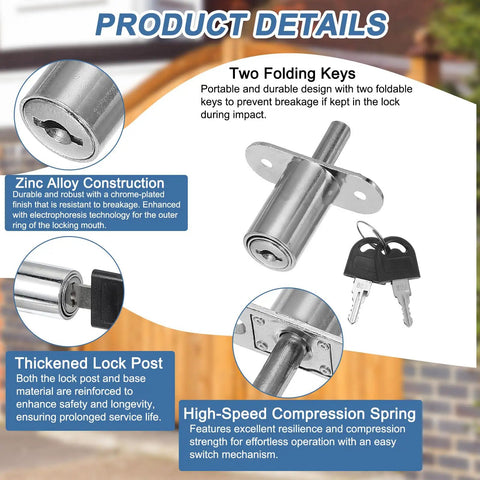 Built Tough Push Plunger Lock Keyed Alike Package With Snap In Screws And Protective Cap For Cabinets Drawers And Storage Cases 3 4 Inch Cylinder Diameter 1 4 Inch Projection No Hassle Silver Finish Pack Of Two showing zinc alloy lock, folding keys, and detailed features.