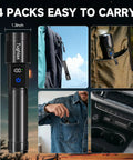 4 Pack Rechargeable LED Flashlights With 10000 Lumens Each And LCD Battery Display for easy carrying in pockets and bags.