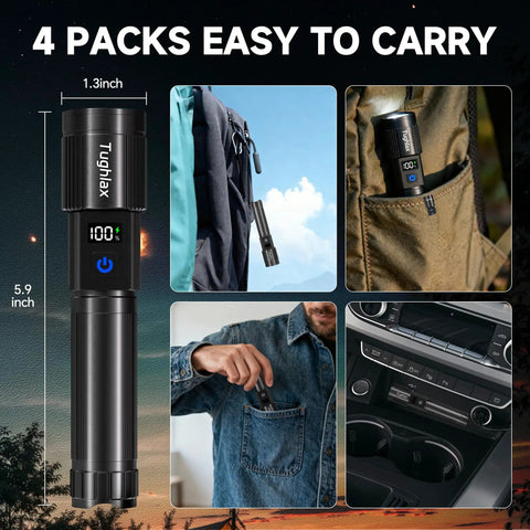 4 Pack Rechargeable LED Flashlights With 10000 Lumens Each And LCD Battery Display for easy carrying in pockets and bags.