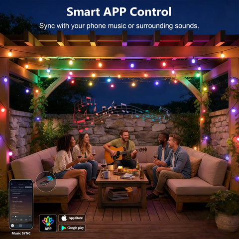 Outdoor String Lights 150Ft RGB IC Dimmable Shatterproof LED Bulbs IP67 Waterproof DreamColor Patio Strip Lights For Backyard