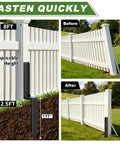 Diagram showing 4 Pack Fence Post Repair Kit With 3mm Thick 11 Gauge Galvanized Steel Anchors And 33.6 Inch Heavy Duty H Shape Ground Spikes installed in a fence.