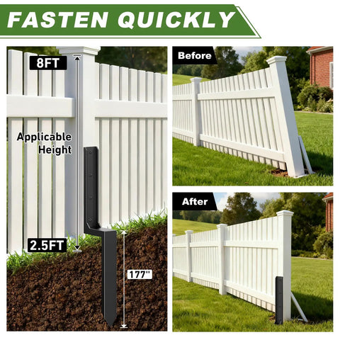 Diagram showing 4 Pack Fence Post Repair Kit With 3mm Thick 11 Gauge Galvanized Steel Anchors And 33.6 Inch Heavy Duty H Shape Ground Spikes installed in a fence.
