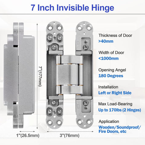 Diagram of Two Kit Set Stainless Steel Hidden Door Hinges for 7 inch doors concealed hinges with 180 degree swing details