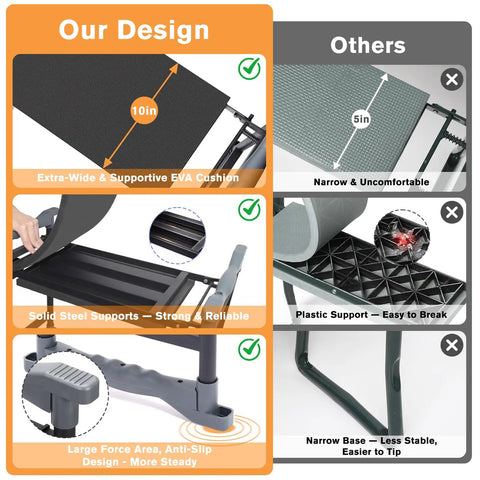 Comparison of Ultimate Garden Kneeler And Seat With Extra Wide 10 Inch EVA Pad versus a 5 inch pad, highlighting wider support and stability.