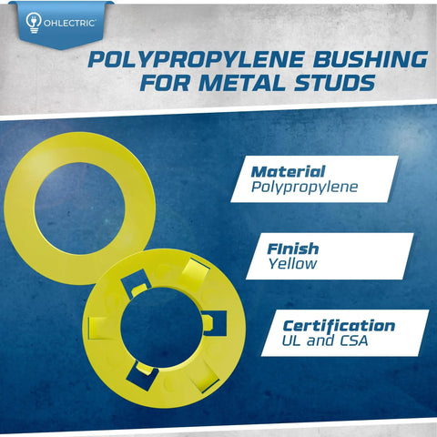 250 Count Polypropylene Wire Pull Bushings For Metal Studs Bulk Pack yellow bushings with label for UL and CSA certification