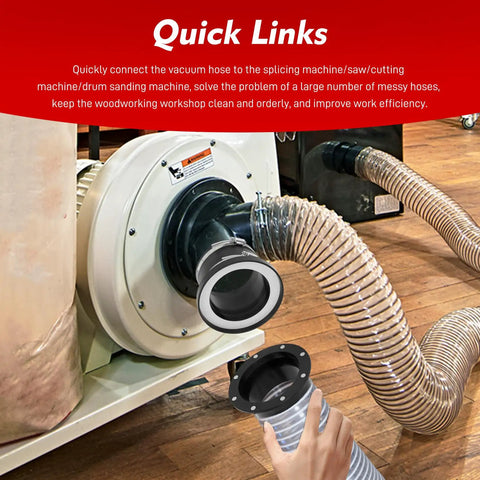 Hassle Free Magnetic Dust Collection Quick Connect Fitting System For Shop Vacuums And Woodworking Machinery With Four And Two Point Five Inch Rare Earth Adapter Kit attached to woodworking machine.